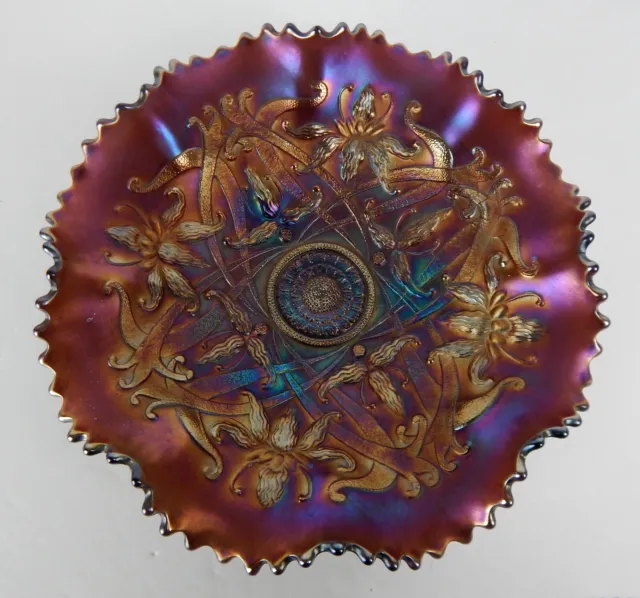 Northwood Wishbone Carnival Glass Ruffled 3 Footed Bowl Amethyst Purple