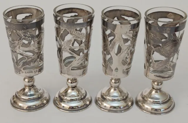 Mexico Shot Glasses (4) with Rose Motif Sterling Silver Overlay c.1960