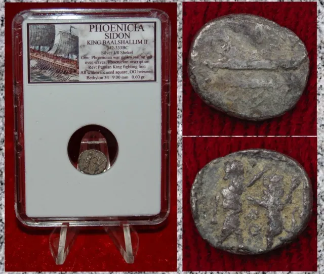 Ancient Coin PHOENICIA Sidon Galley King Fighting Lion Silver 1/8 Shekel