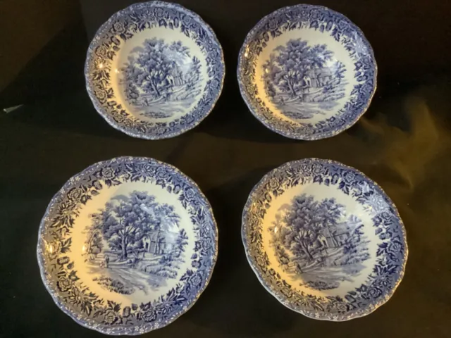 Set/4 W.H. Grindley “Country Style” Blue White 7" Dessert bowls Staffordshire