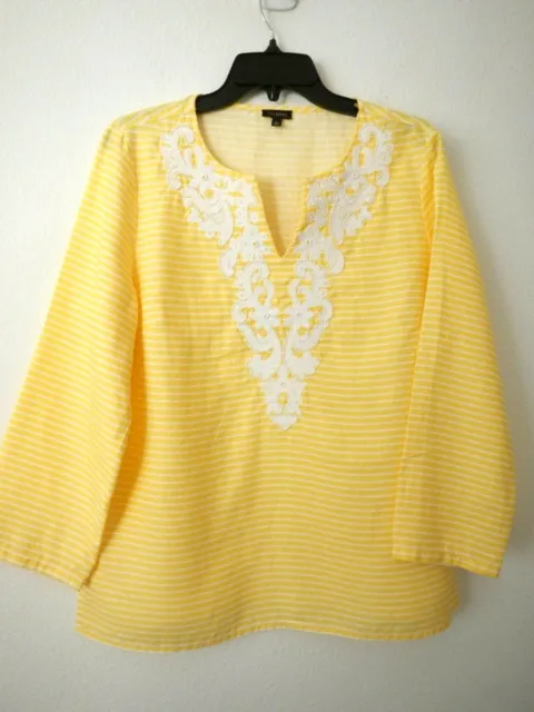 TALBOTS M Yellow White Stripe Embroidered Beaded 3/4 Linen Blouse