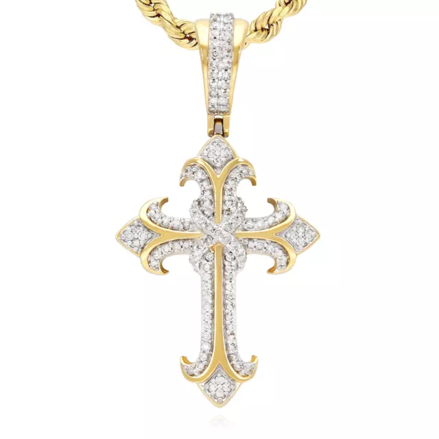 0.42CT TW. Natural Diamond Religious Cross Pendant 10K Yellow Gold 0.75"