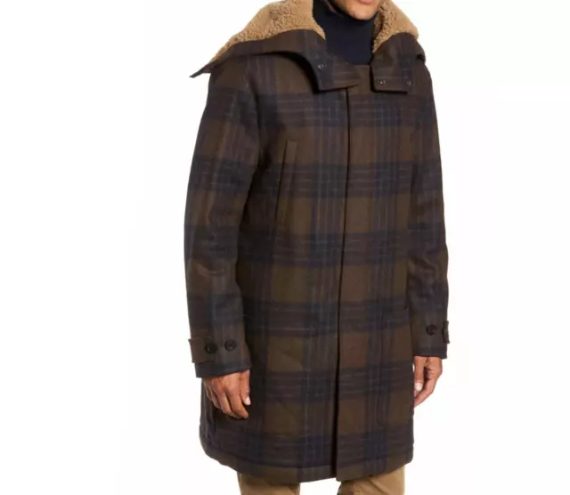 Vince Men's Plaid Duffle Coat With Faux Shearling Trim MSRP $895 3