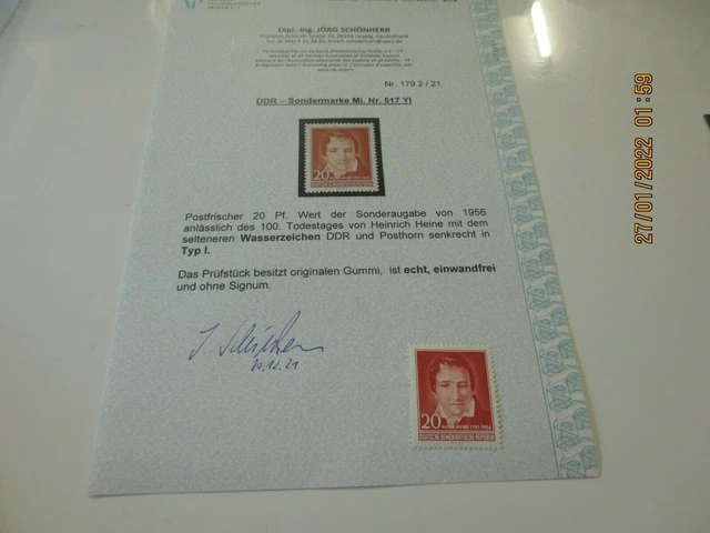 Briefmarke 1956 DDR MiNR 517 YI ** seltenes WZ  postfrisch Attest Schönherr