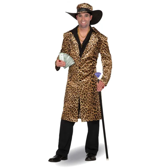 Leopard Print Pimp Coat Hat Costume Set Adult Retro 1970s 1980s Nightclub Disco