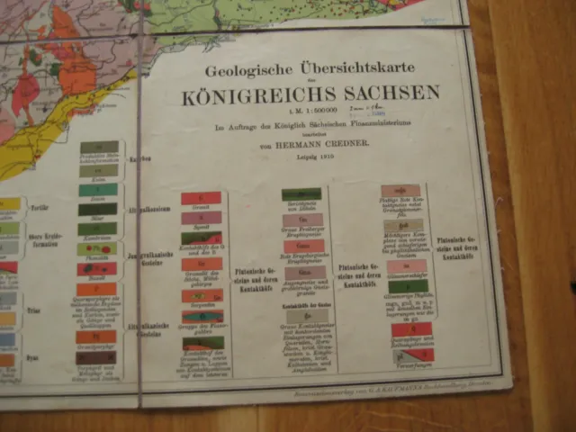 alte Landkarte Geologische Übersichtskarte Königreich Sachsen auf Leinen v.1910 2