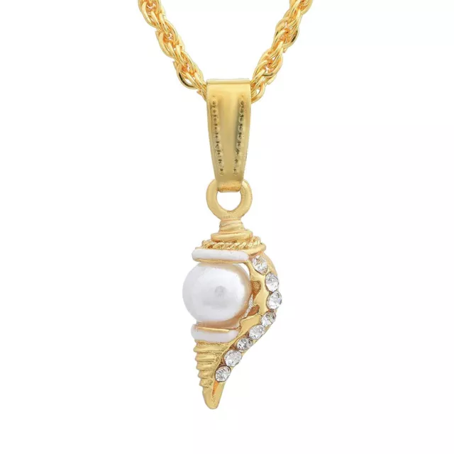 Indian Traditional Brass Gold Plated Pearl Cubic Zirconia Shankh Chain Pendant