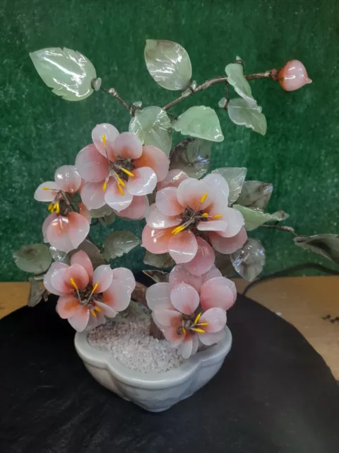 Flowers on Vintage, Hand carved Chinese  Bonsai Tree Jade 5 flowers.