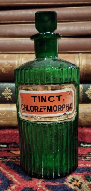 Rare Morphine Chemist Bottle Green Glass Label Victorian Edwardian