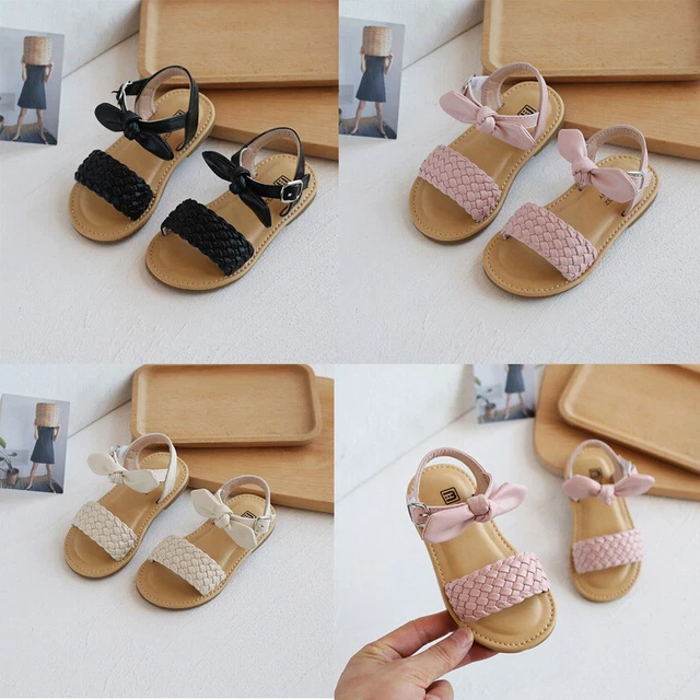 Kids Girls Weave Flat Sandals Summer Toddler Bow Holiday Princess Shoes Size UK