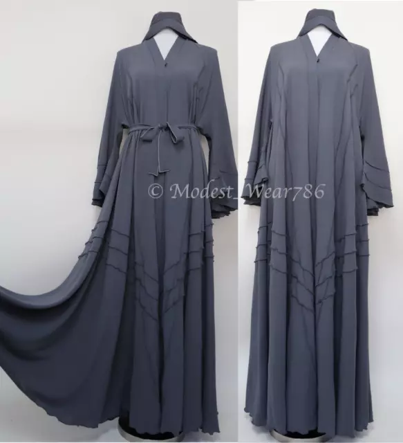 Dubai Abaya Open Flare Umbrella Muslim Women Modest  Maxi Dress Gray