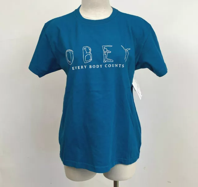 Obey Women's Box T-Shirt Every Body Counts Sapphire Size S NWT Shepard Fairey