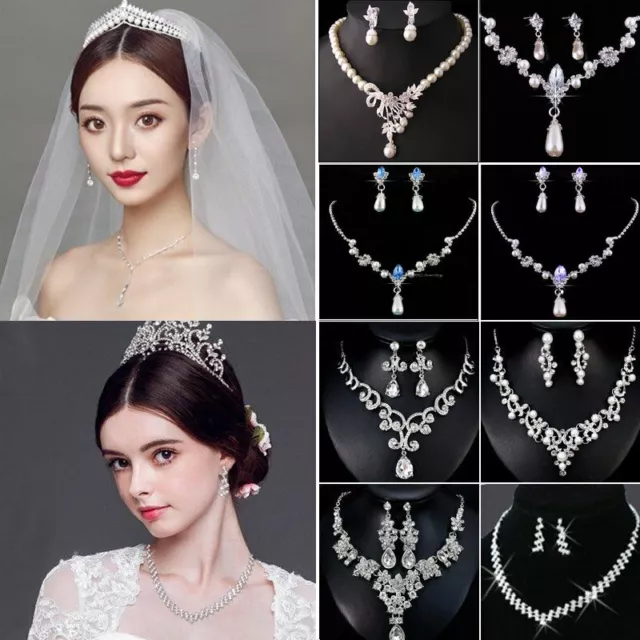 Crystal Rhinestone Bridal Jewelry Set 925 Silver Earrings Necklace Wedding