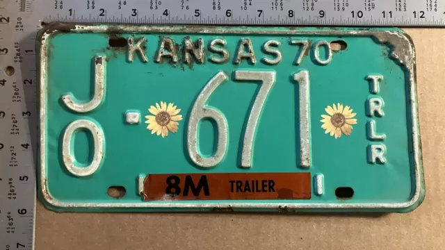 1970 Kansas trailer license plate JO 671 Johnson SUNFLOWER decals 12839