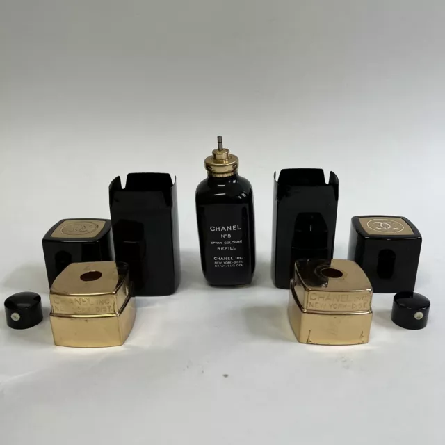 Vtg CHANEL NO. 5 Spray Cologne lot Rare Black Rubber refill Bottle Travel  case