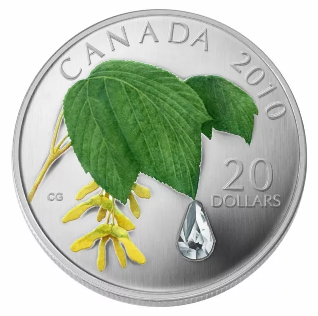 Canada 2010 $20 Fine Silver Coin Coloured Maple Leaf Swarovski Crystal Raindrop