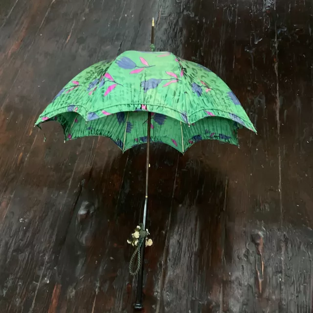 Original Antique Victorian Green Silk Floral Print Parasol/Umbrella