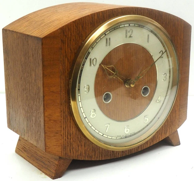 VINTAGE 19TH ORIGINAL Oak Wood Mantel Clock English Smiths Geometric