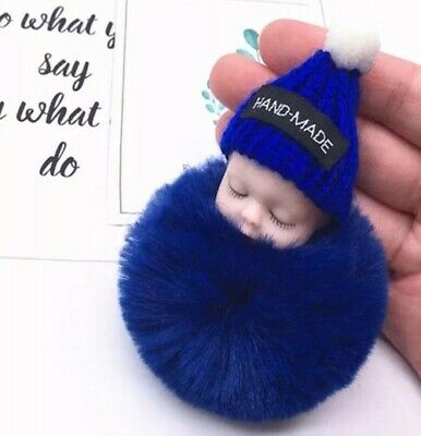 Portachiavi neonato, baby doll con PON PON color blu idea regalo