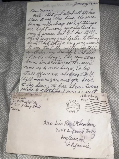 1945 WWII Letter Home from PVT at Camp Hood TX Texas to Inglewood CA California