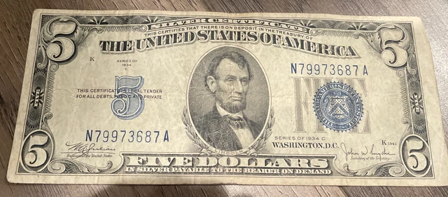1934- C $5 Silver Certificate Banknote Five Dollars  C Collectible Small Note