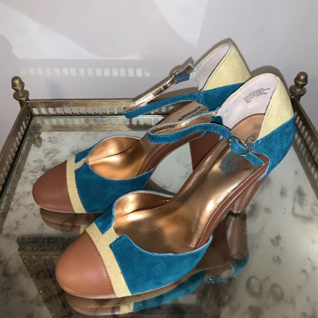 Seychelles Shoes Womens 8.5 Teal Yellow Brown Suede Color Block Heels Heritage