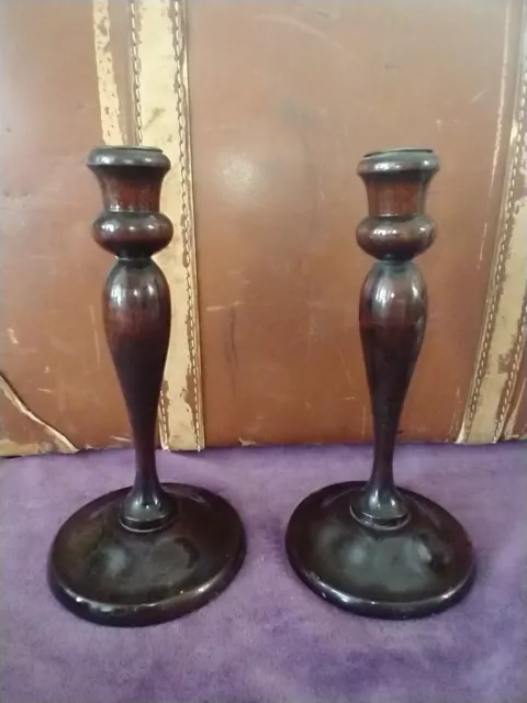 Pair VINTAGE dark wood candlestick taper holders 8” Farmhouse Boho MCM decor