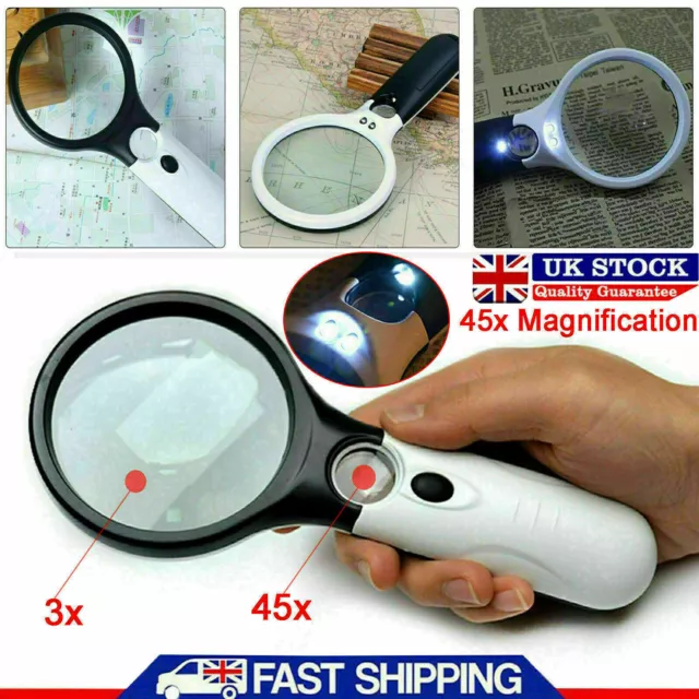 45X Handheld Magnifier With 3 LED Light Reading Magnifying Glass Jewelry Loupe..