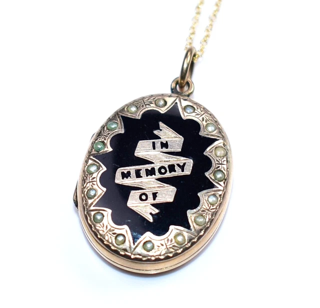 SPECTACULAR! Antique GF *ENAMEL* Seed Pearls Border *MOURNING LOCKET* Necklace!!
