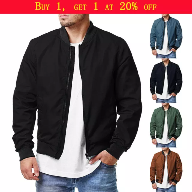 Mens Zip Windbreaker Coat Casual Outwear Lightweight Bomber Baseball Jacket UK