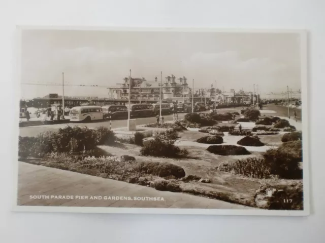 Southsea South Parade & Gardens Vintage Bus Coach RP Real Photograph Postcard