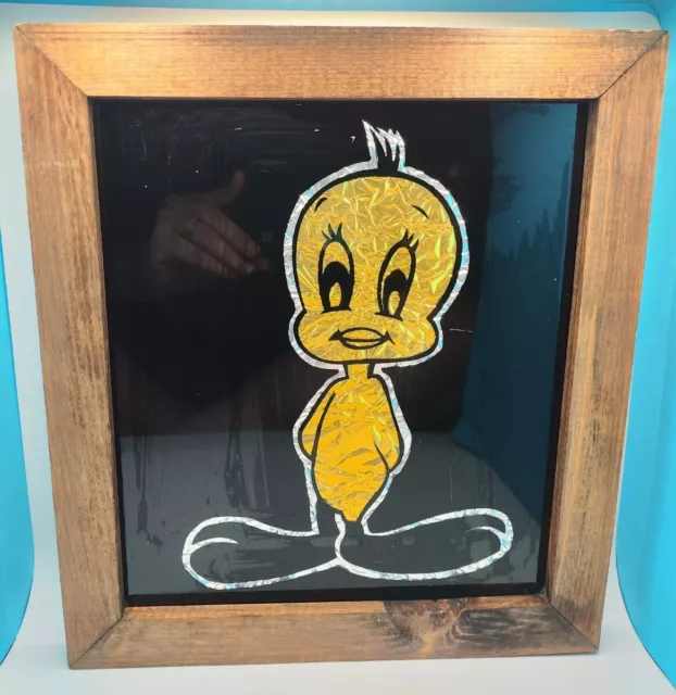 Vintage Tweety Bird Looney Tunes 1980s Foil Art Carnival Prize Wood Framed