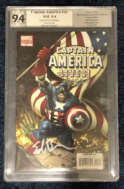 Captain America #41 PGX 9.4! VARIANT COVER Signed By ED BRUBAKER! Marvel Comics
