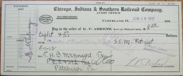 Chicago, Indiana & Southern Railroad Co. 1912 Bank Check - Cleveland, OH Ohio IL