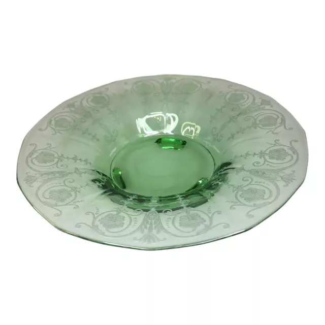 Vtg Round Etched Green Fostoria Vernon Elegant Glass 3 Toed Console Bowl Glows