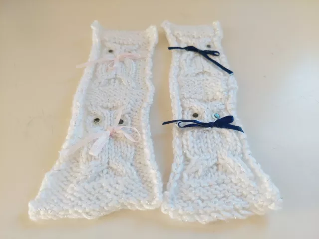 Set of 2 - 8" White Hand Knit Owl Themed Bookmarks. Two owls with googly eyes an