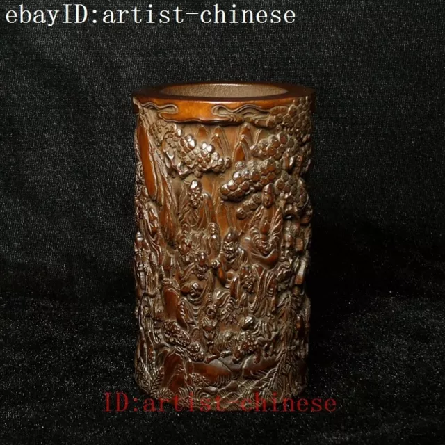 H 4 in Old Chinese boxwood hand carved Eighteen Arhats Buddha Statue brush pot