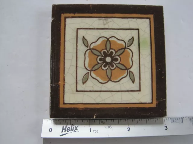 Antique Victorian Mintons 3" Sq. Coloured Transfer Print Tile - Orange Flower