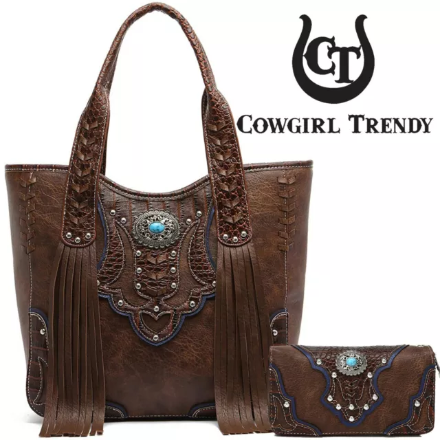 Western Style Cowgirl Tote Fringe Handbag Women Conceal Carry Purse Wallet Brown