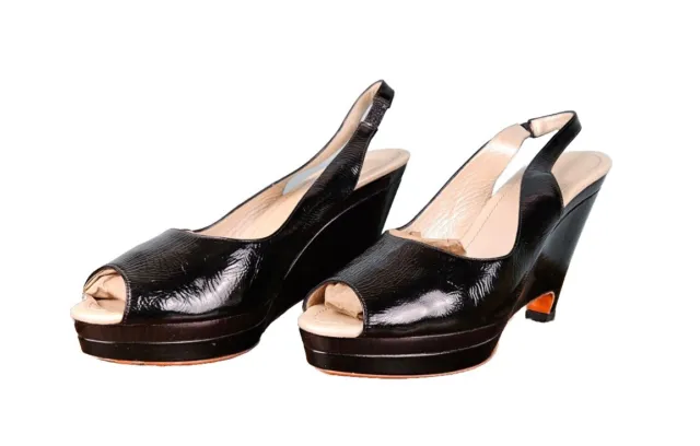 JILL SANDER BLACK Patent Leather Platform Wedge Slingback Heel Sandals ...