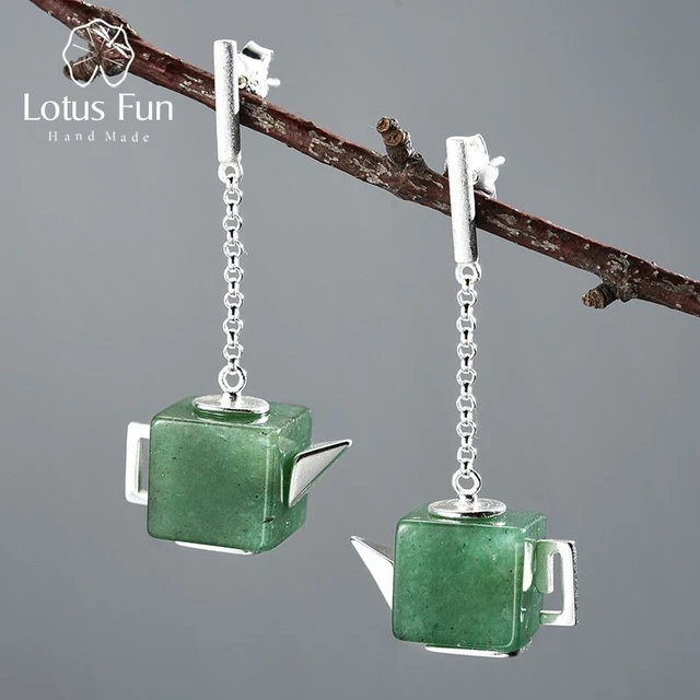 Real 925 Silver Natural Aventurine Gemstone Square Teapot Dangle Women Earrings