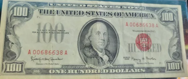 1966 $100 Dollar Bill U.S. Red Seal *RARE extra fine CONDITION*  Free Shipping!!