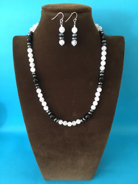 #Crackled white Quartz, black Onyx & Hematite beaded Necklace/earrings