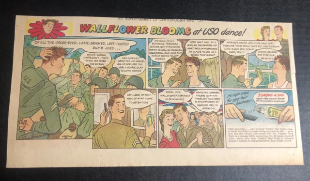 1940’s WWII Soldiers “Vaseline Hair Tonic” Newspaper Comic Ad 14.5x7.5”