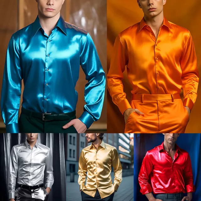 Camisa De Hombre Tops De Seda Satinada Vestido De Baile Liso Para Hombre <