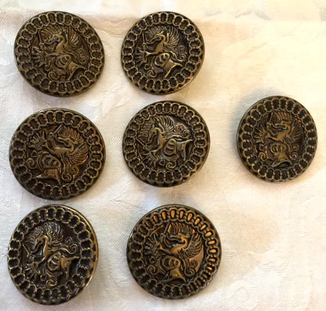 Set of 7 Vintage Brass Metal Shank Griffin, Dragon Buttons, large 1 1/2”