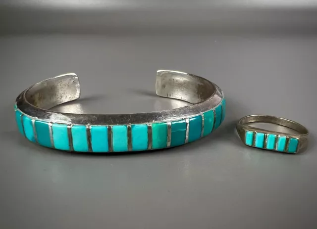 Vintage Zuni Sterling Silver Turquoise Inlay Cuff Bracelet & Ring Set GORGEOUS!