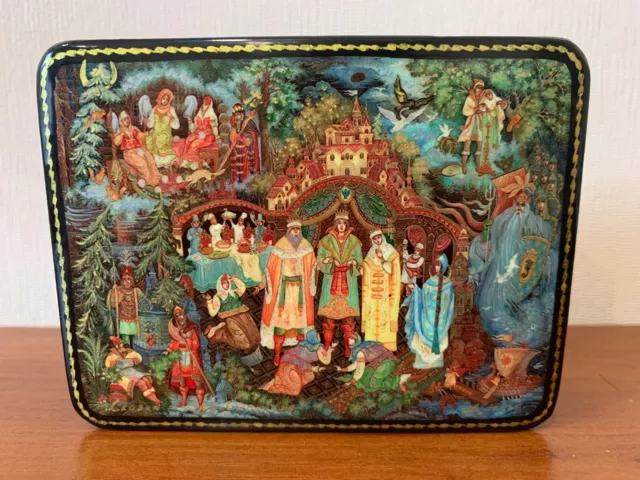 Russian Lacquer Box About Tsar Saltan Signed Artist Decoupage Hand Made Painted