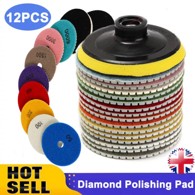 12x Diamond Polishing Pad Set 100mm Sanding Disc Kit For Granite Marble Tile UK