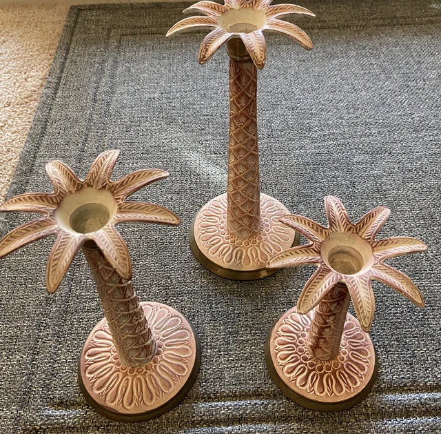 VINTAGE PAINTED BRASS Palm Tree Candle Holders Set of 3 Heights 6”, 8